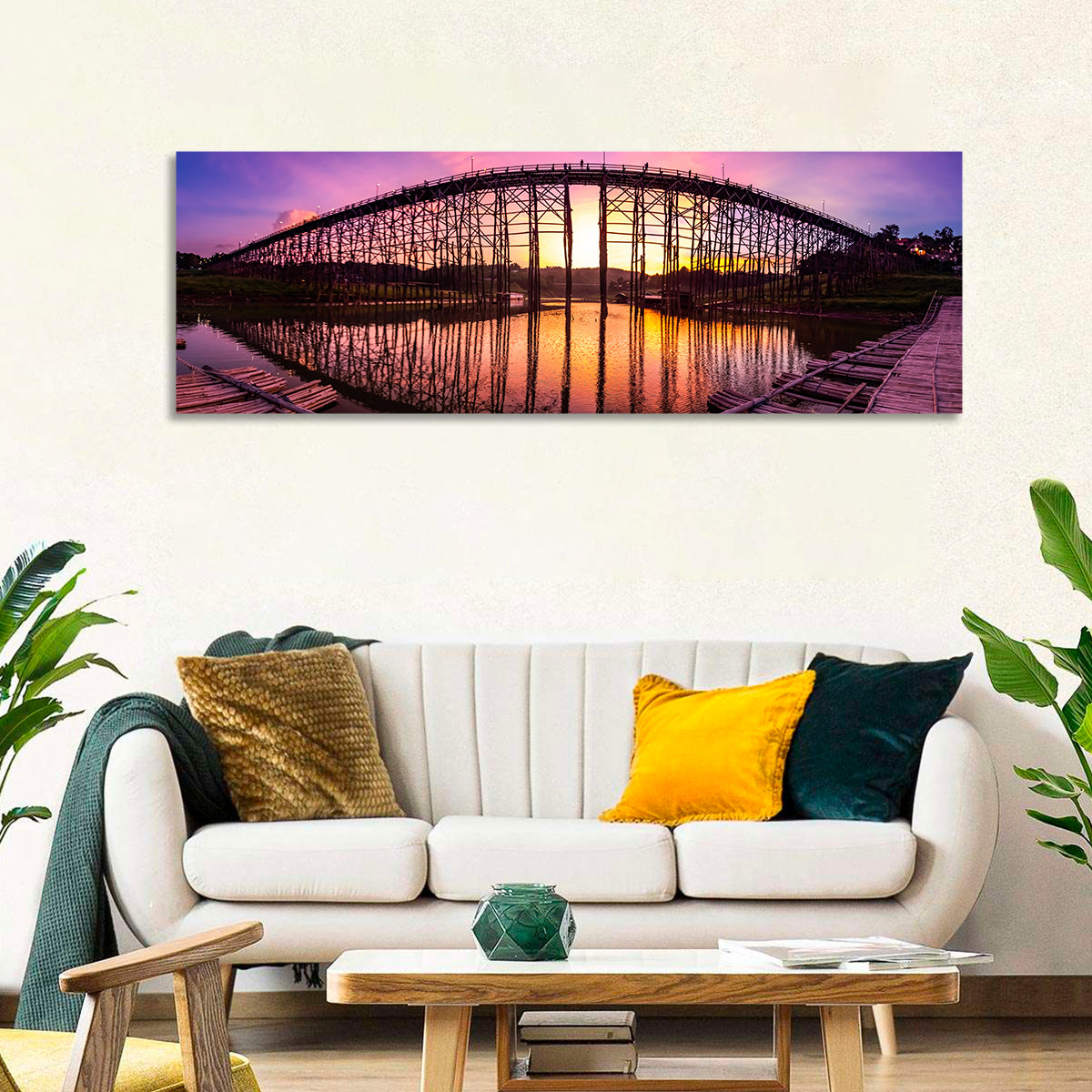 Mon Bridge Sunset, Sangkhlaburi Wall Art in a room, panoramic
