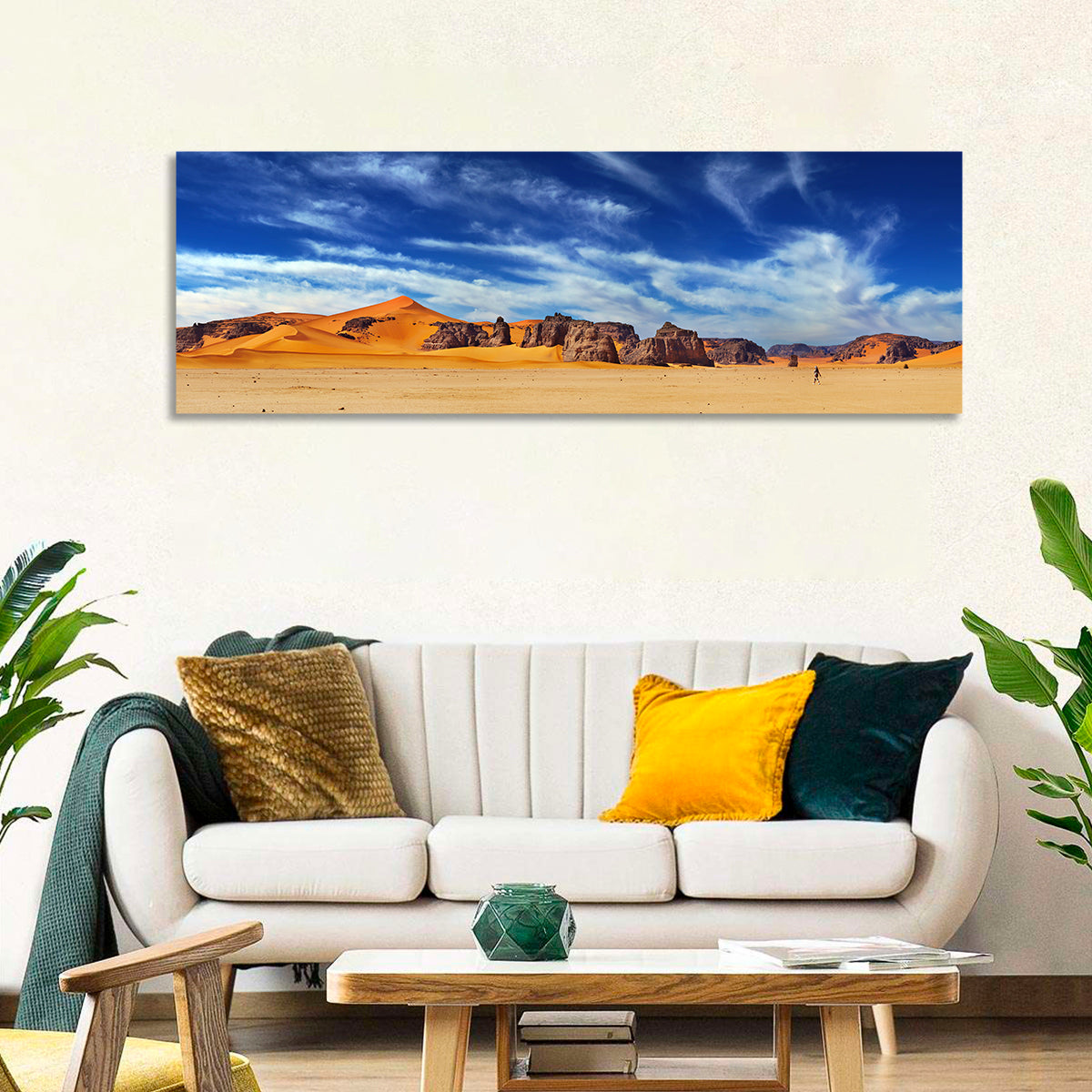Sahara Sand Dunes Vista Wall Art in a room, panoramic