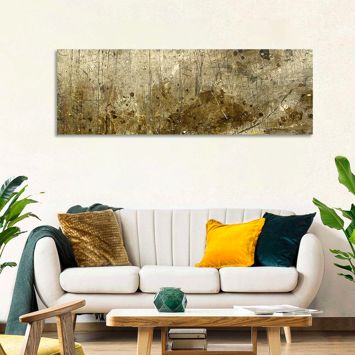 Gold Leaf Workbench Texture Abstract Wall Art in a room, panoramic