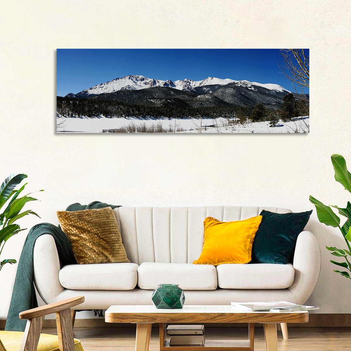 Pikes Peak Winter View Wall Art in a room, panoramic