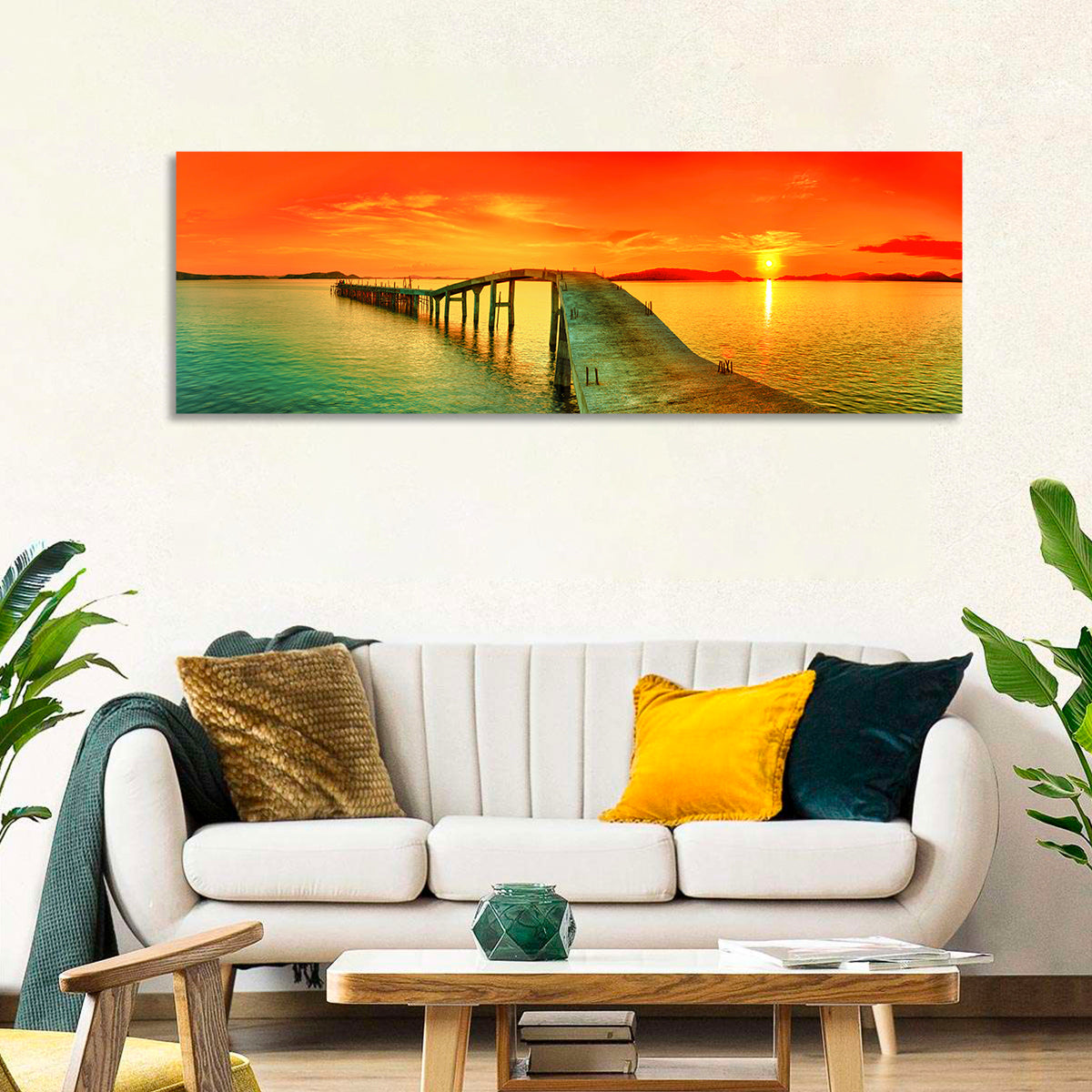 Sea Pier Sunset Wall Art in a room, panoramic