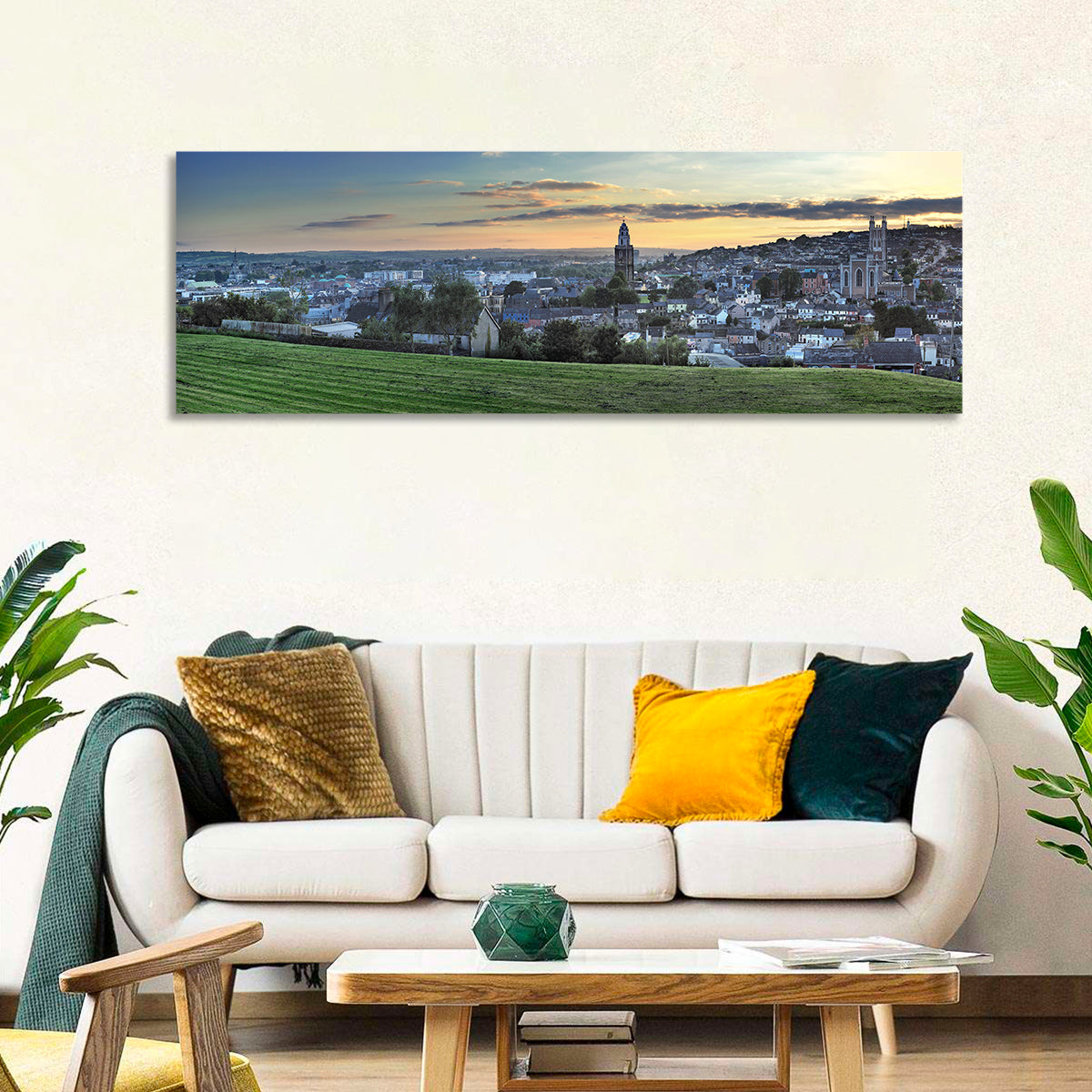 Cork Sunset Skyline Wall Art in a room, panoramic