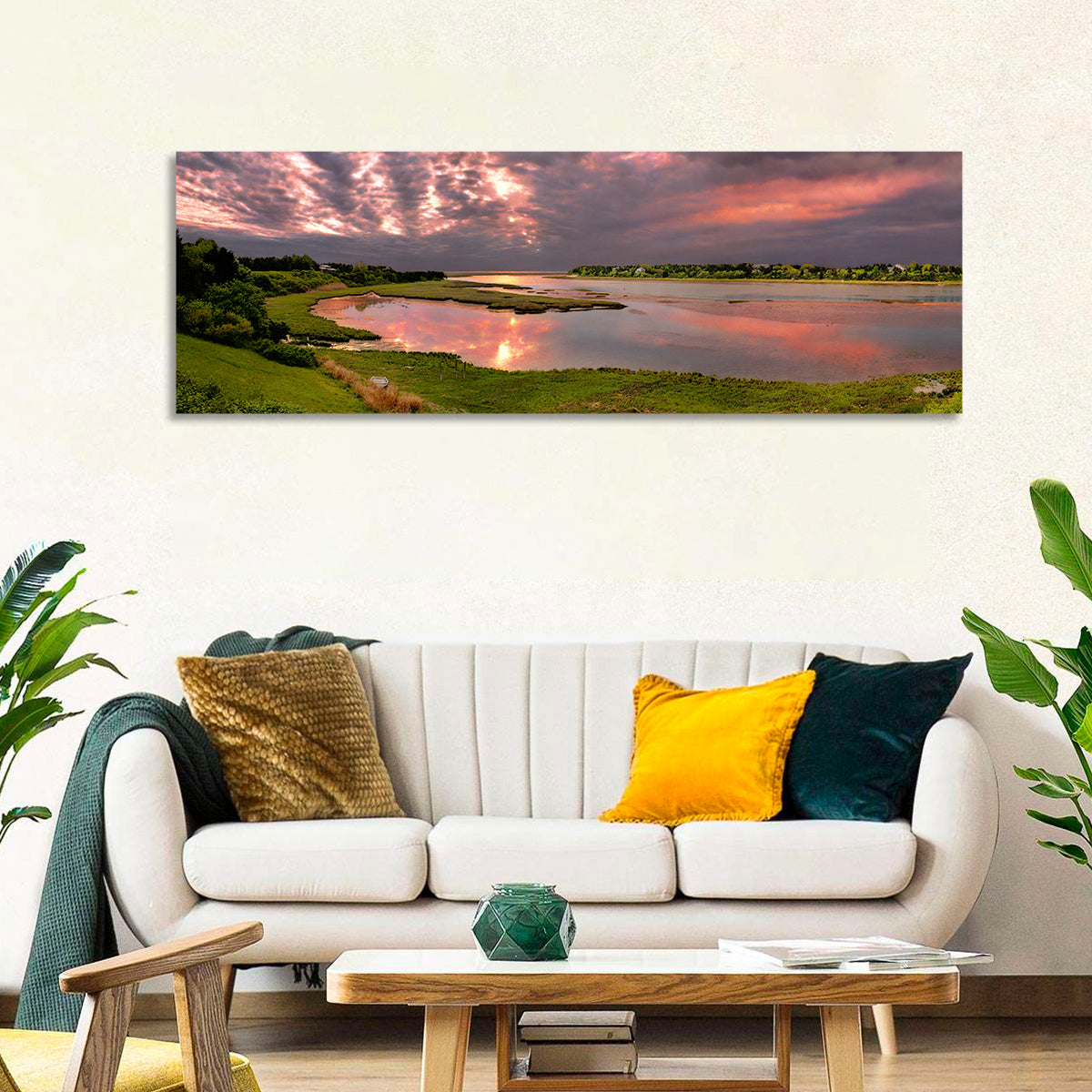 Cape Cod Cloudy Sunrise Wall Art in a room, panoramic