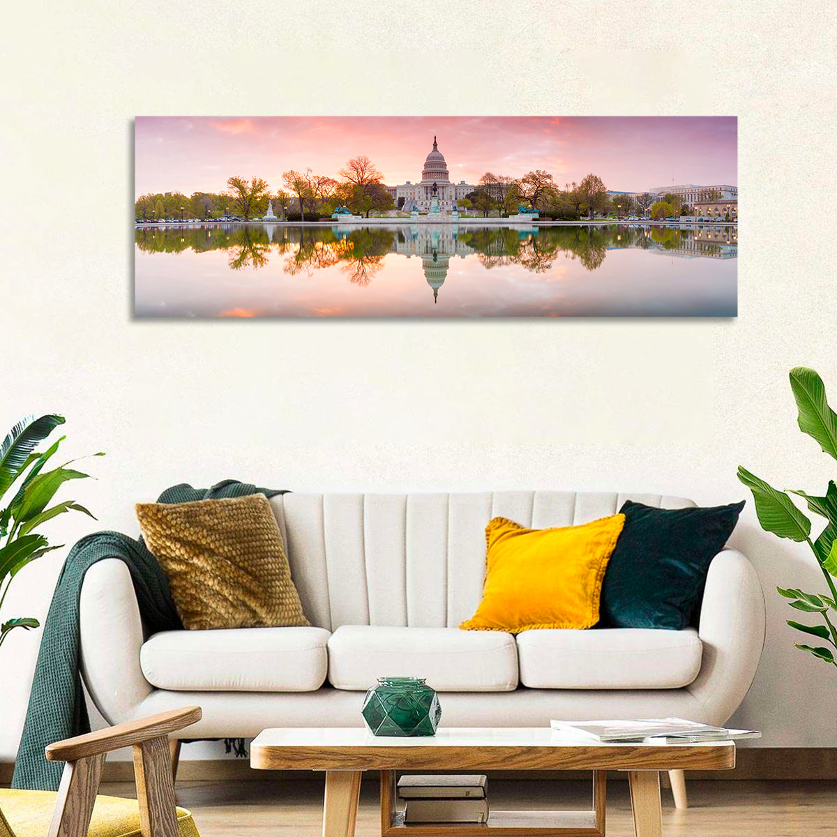 United States Capitol Sunrise Reflection Wall Art in a room, panoramic
