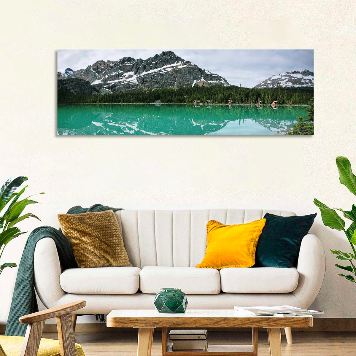 Lake Ohara Turquoise Reflection Wall Art in a room, panoramic