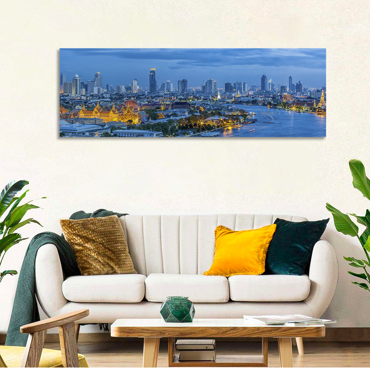Bangkok Skyline at Blue Hour Wall Art in a room, panoramic