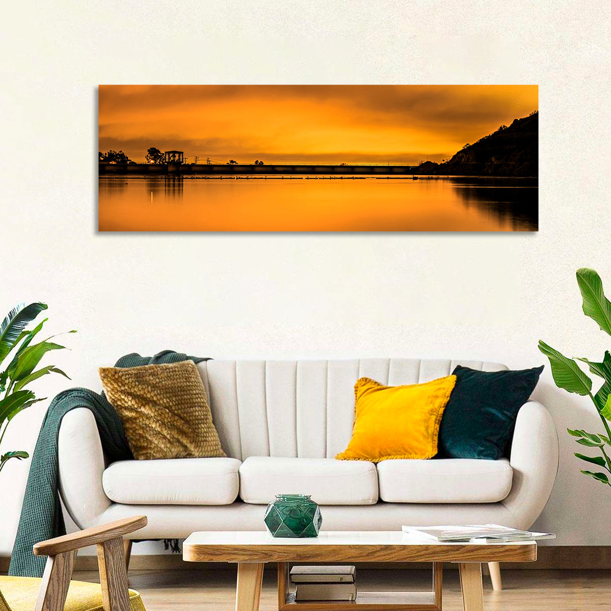 Lake Murray Sunset Wall Art in a room, panoramic
