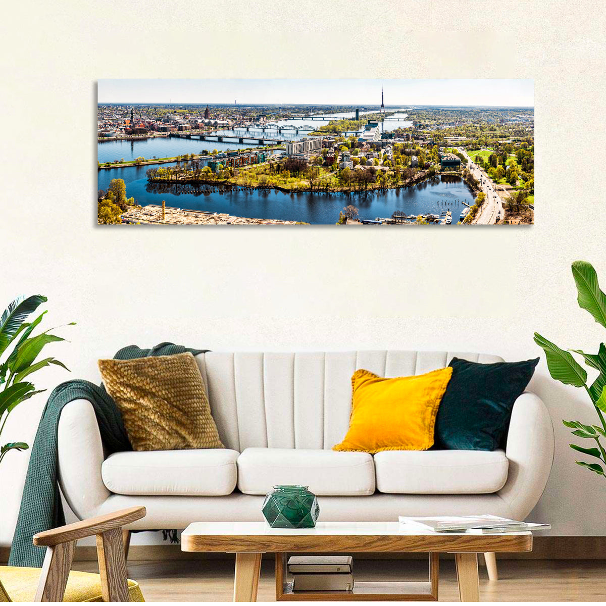 Riga Daugava River View Wall Art in a room, panoramic
