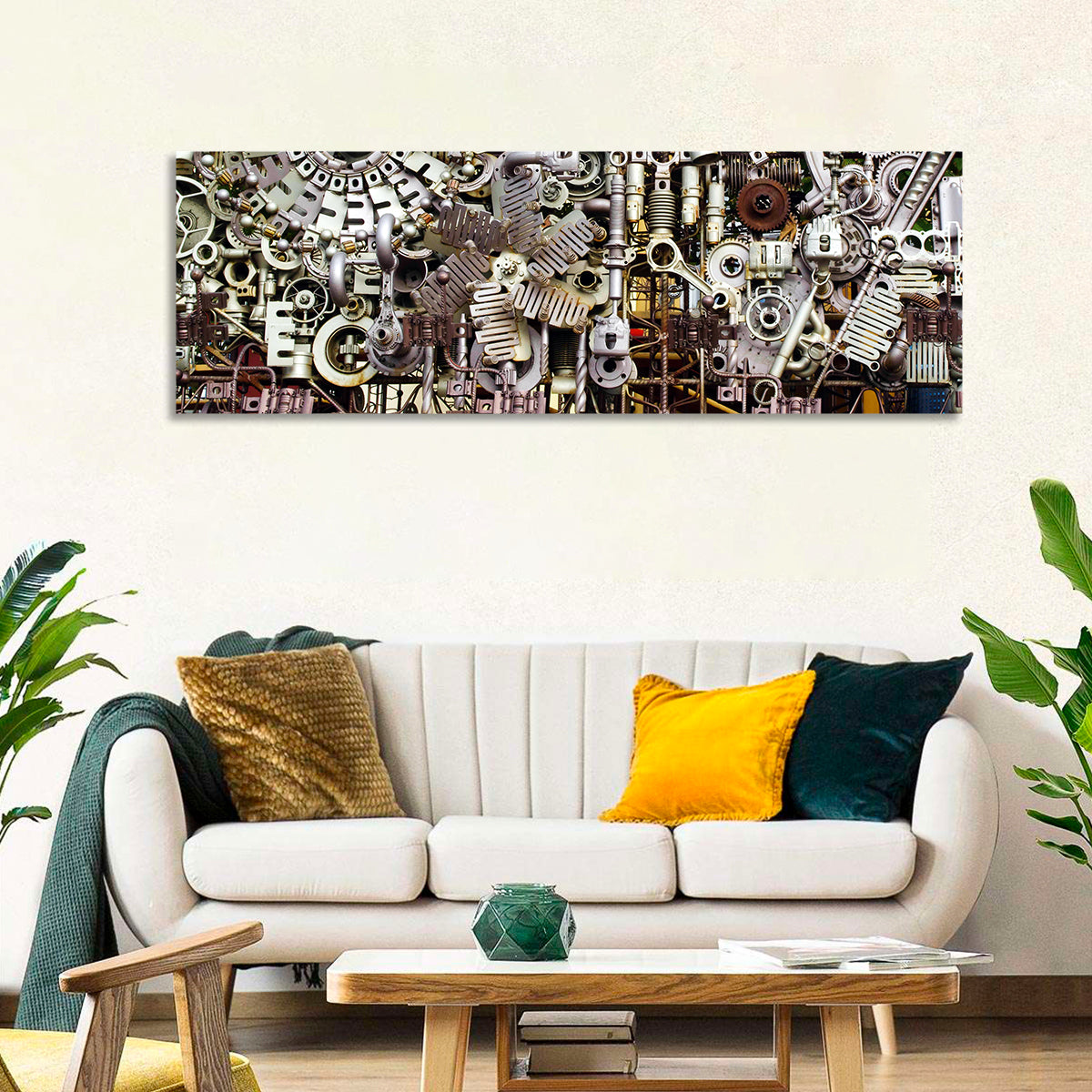 Industrial Gearwork Parts Collage Wall Art in a room, panoramic