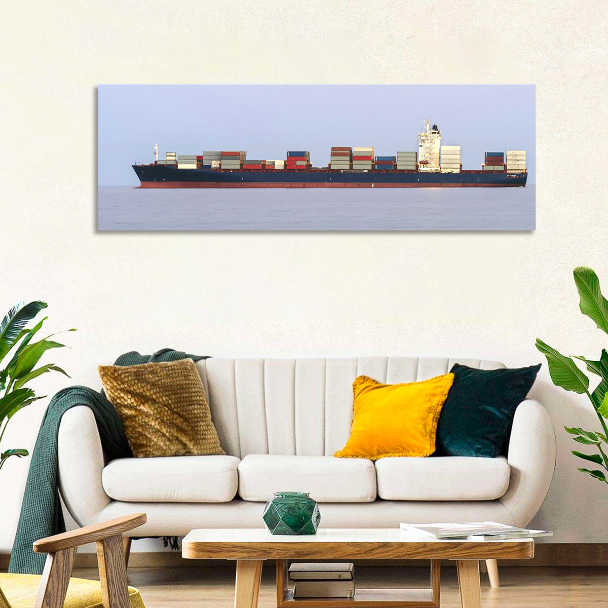 Container Ship on the Ocean Wall Art in a room, panoramic