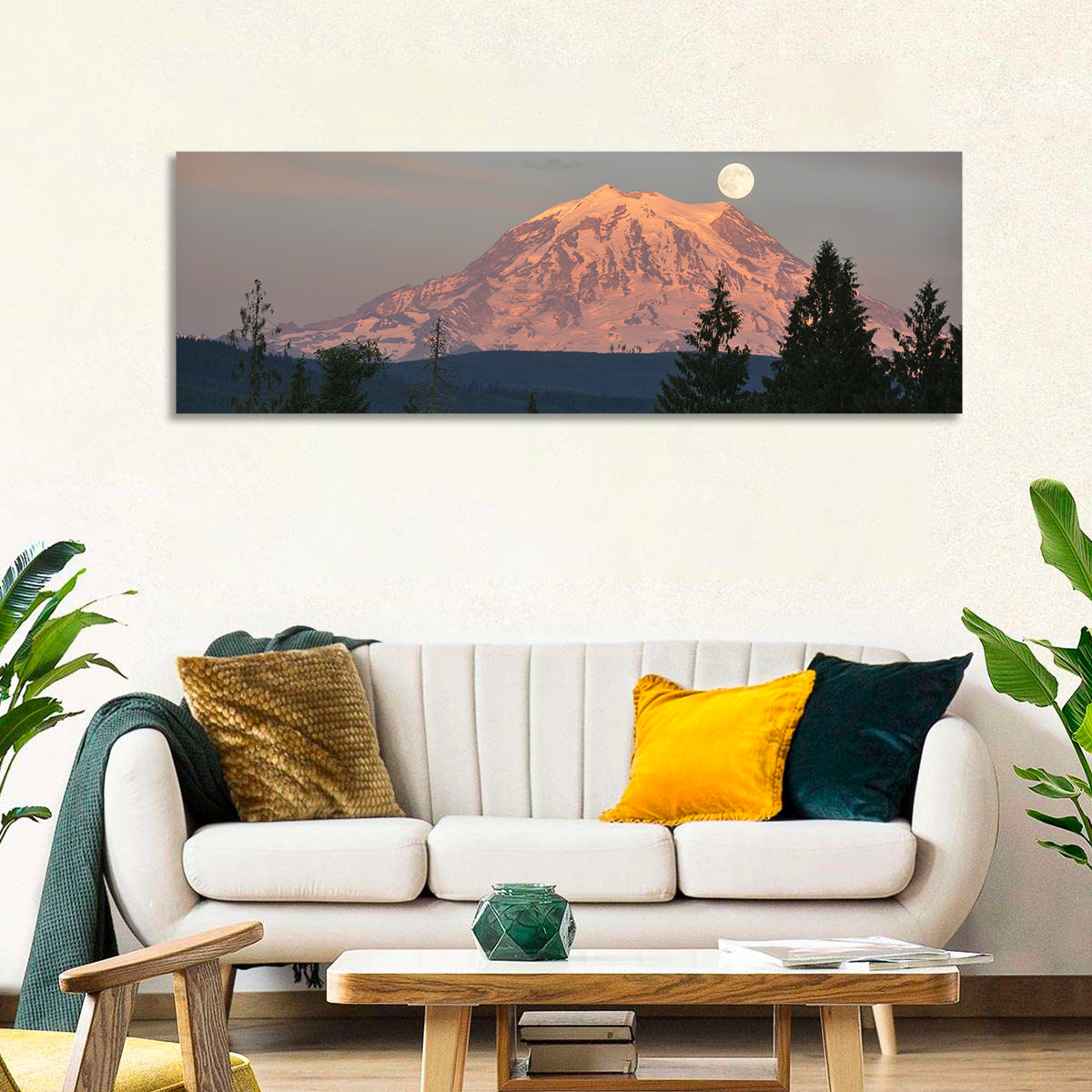 Mount Rainier Alpenglow with Full Moon Wall Art