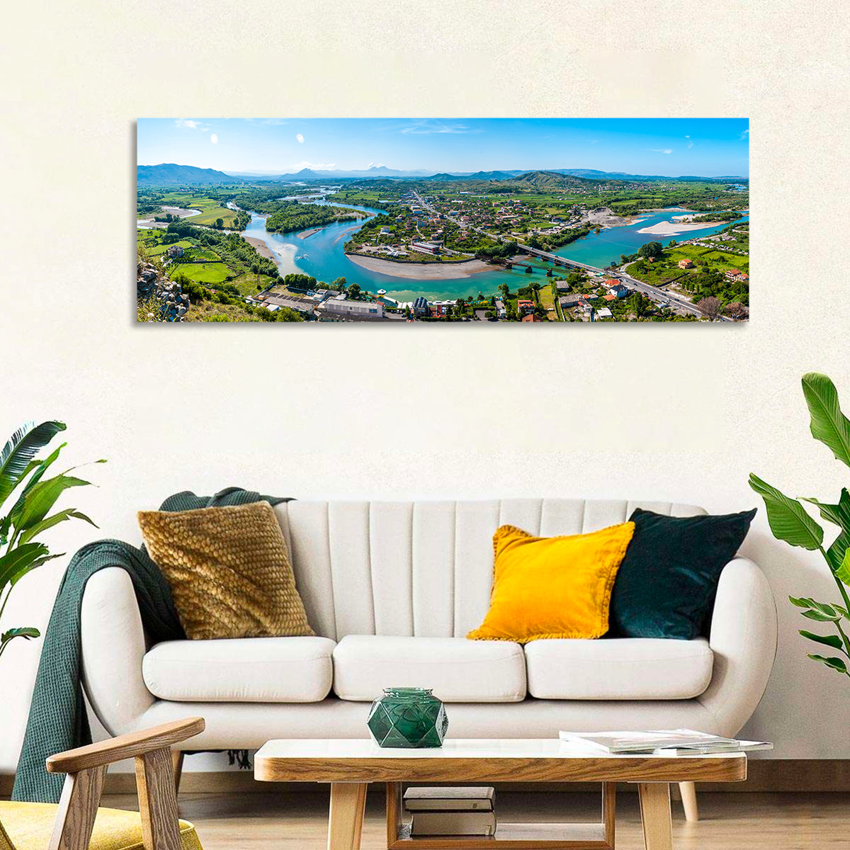 Shkodër River Valley Wall Art in a room, panoramic
