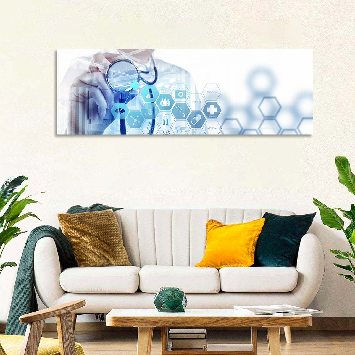 Stethoscope Checkup with Medical Icons Wall Art in a room, panoramic