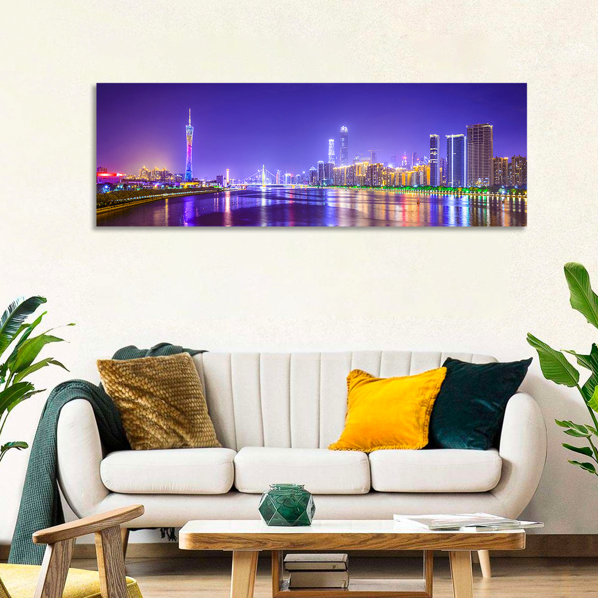 Guangzhou Skyline Night Over Pearl River Wall Art in a room, panoramic
