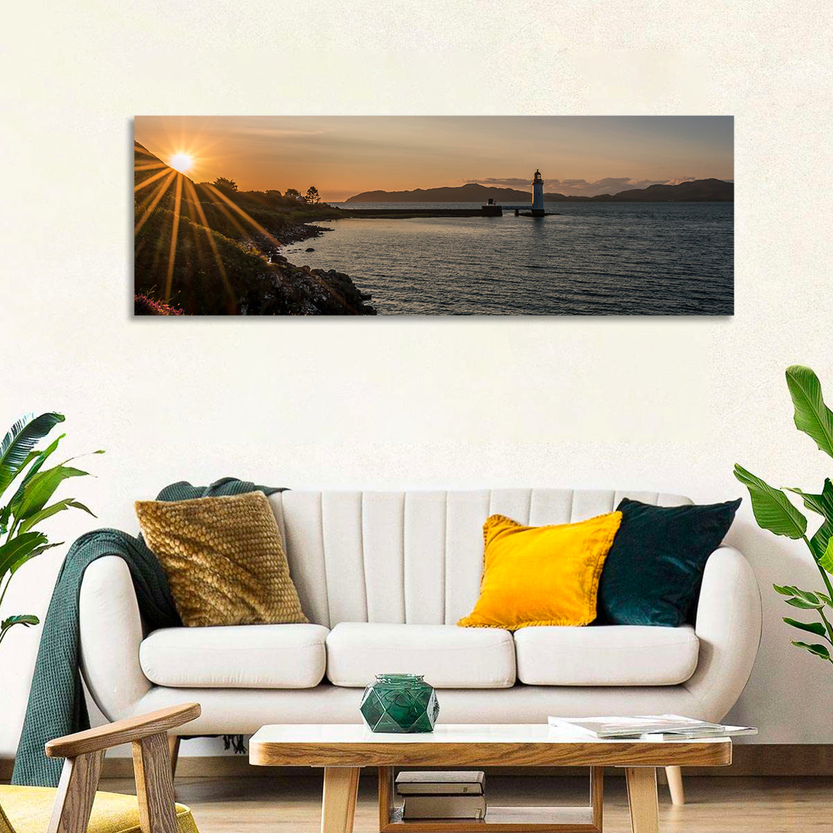 Dunollie Lighthouse Golden Hour Wall Art in a room, panoramic