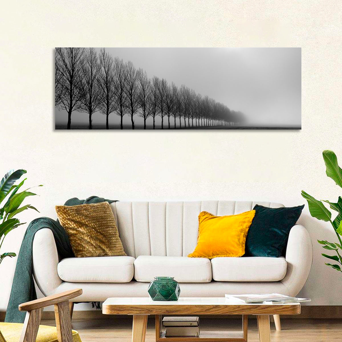 Misty Row of Bare Trees Wall Art in a room, panoramic