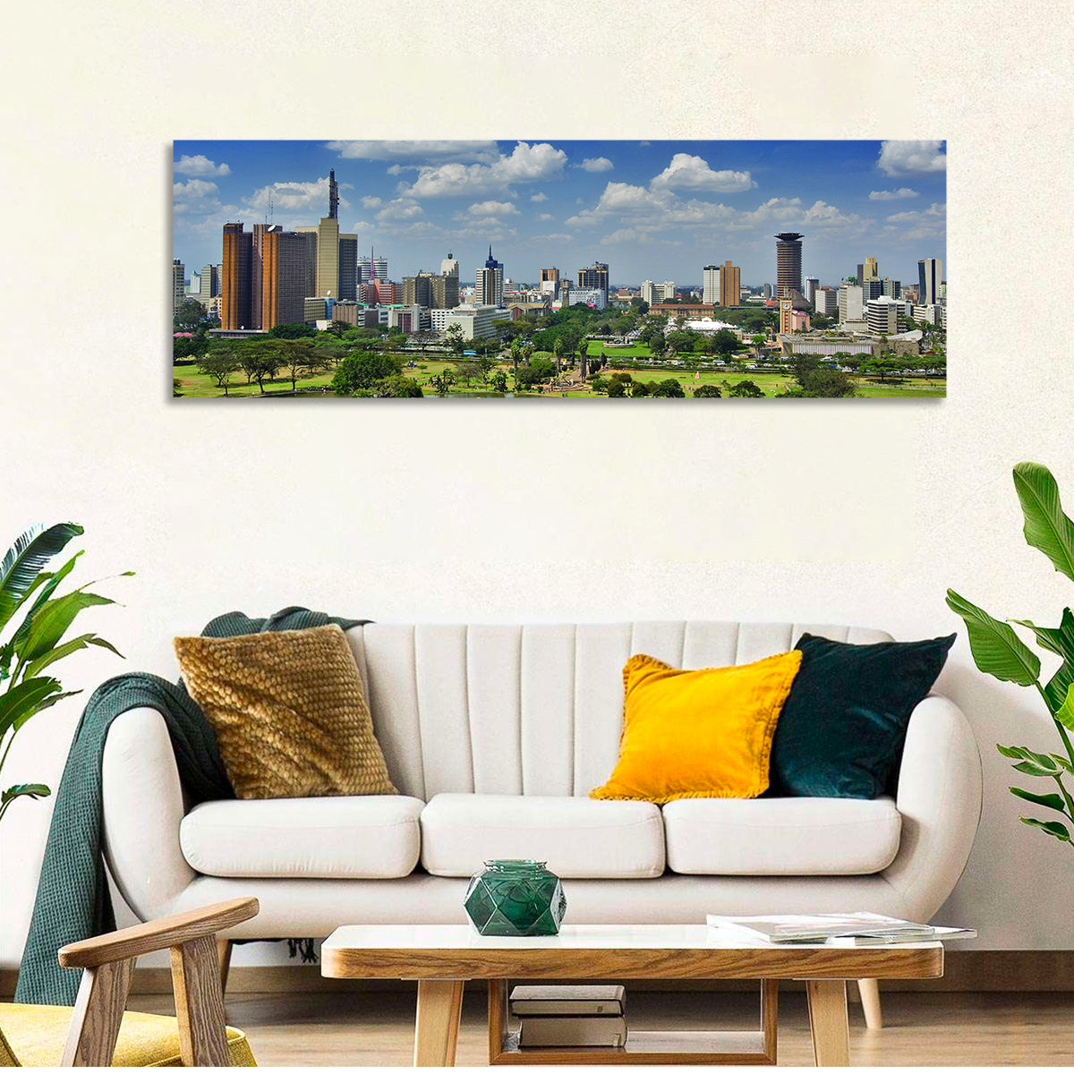Nairobi Skyline Wall Art in a room, panoramic