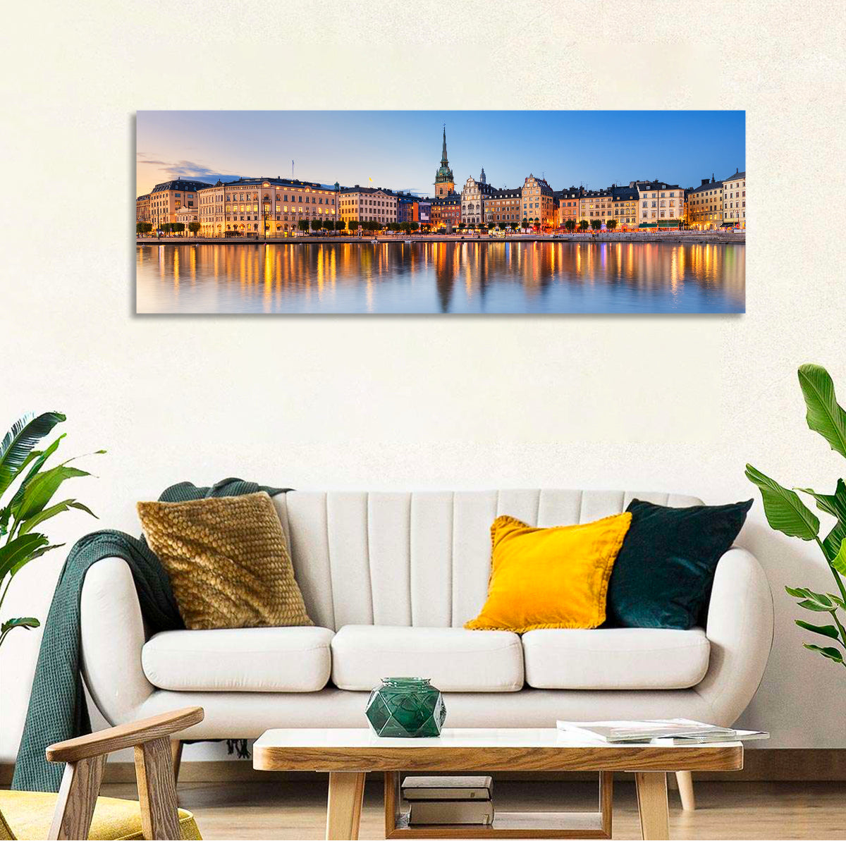 Gamla Stan Night Reflections Wall Art in a room, panoramic