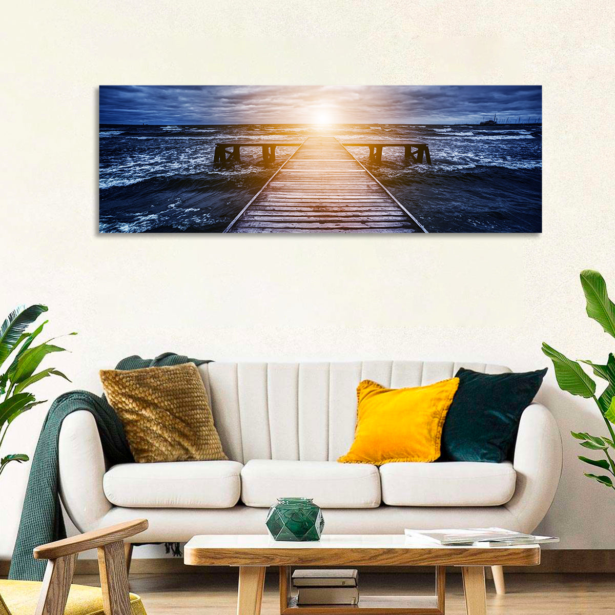 Sunlit Wooden Jetty at Dusk Wall Art