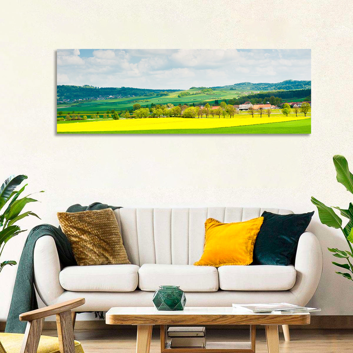 Czech Rapeseed Fields Wall Art in a room, panoramic