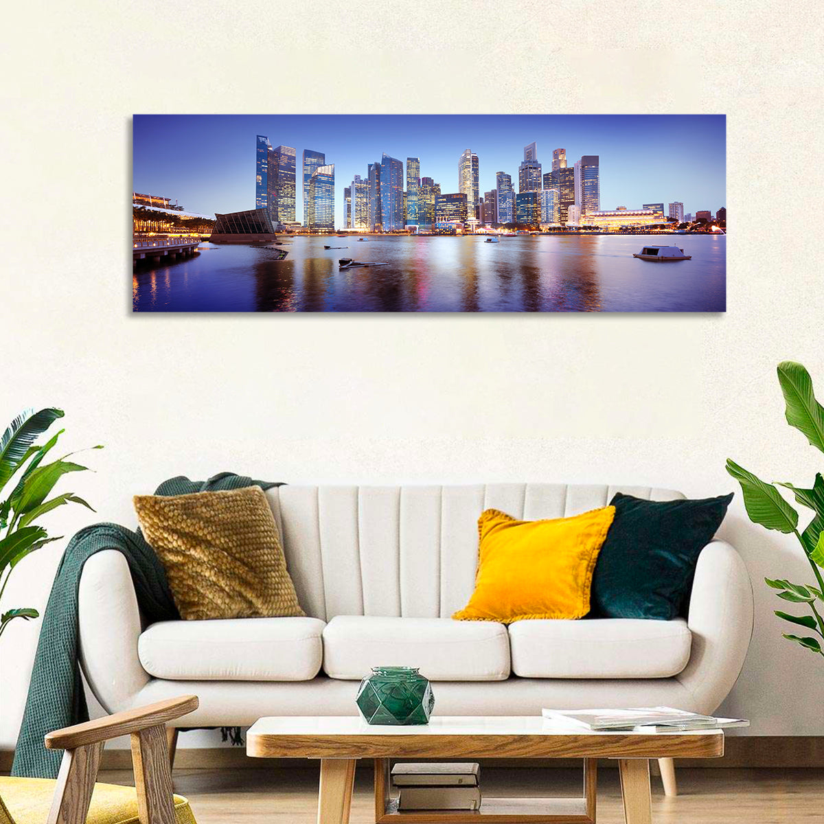 Singapore Marina Bay Skyline at Twilight Wall Art in a room, panoramic