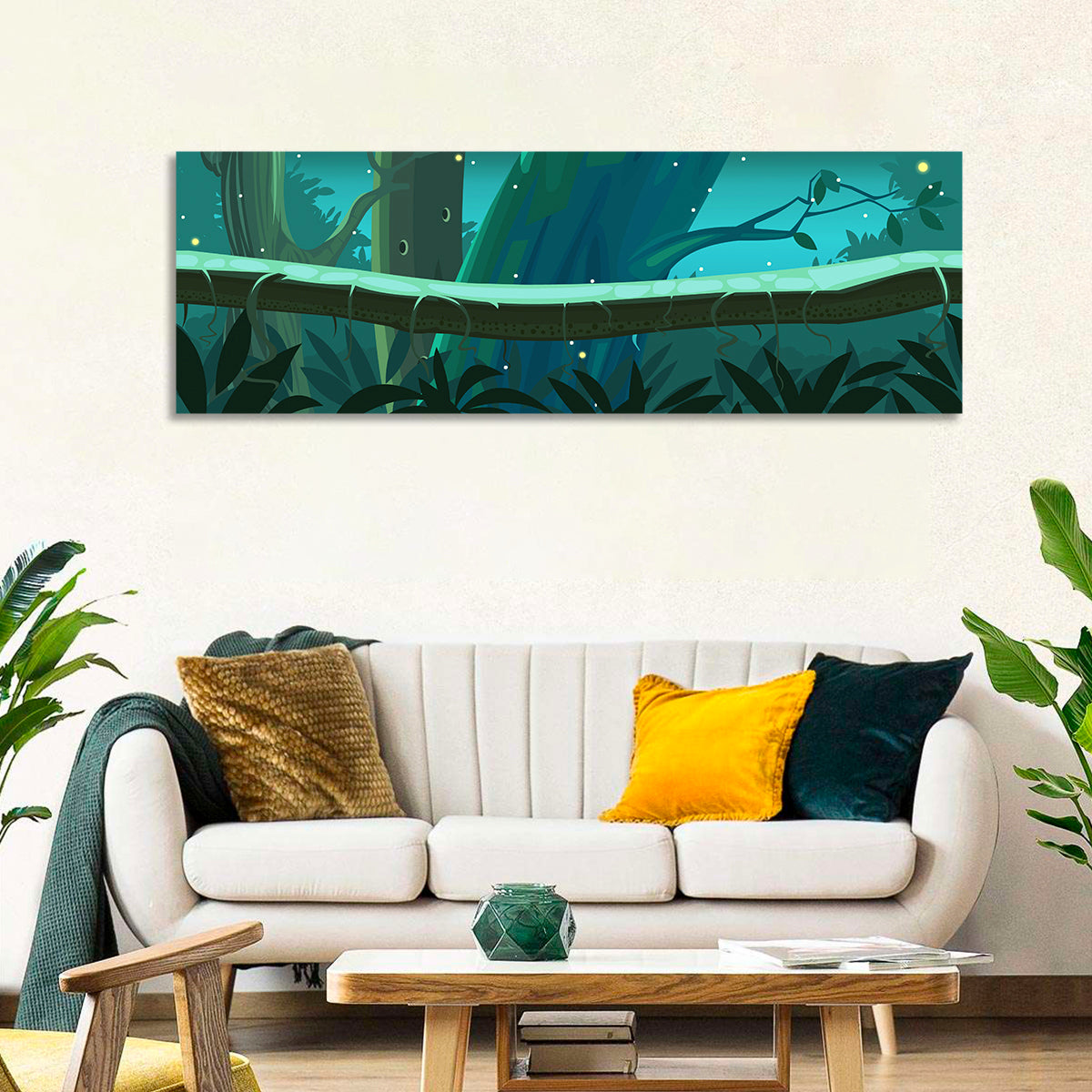 Digital Jungle Night Wall Art in a room, panoramic