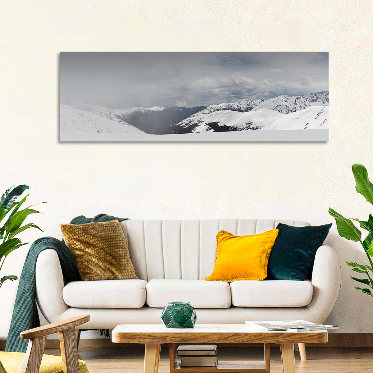 Snowy Colorado Mountains Wall Art in a room, panoramic