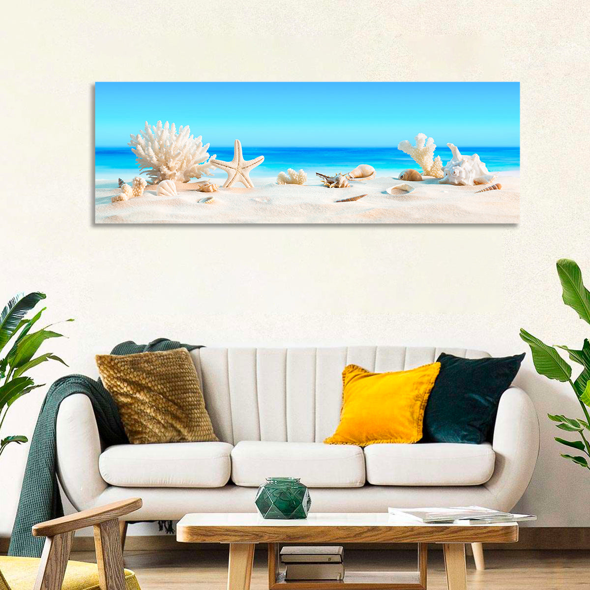 Seashells on Turquoise Shore Wall Art in a room, panoramic