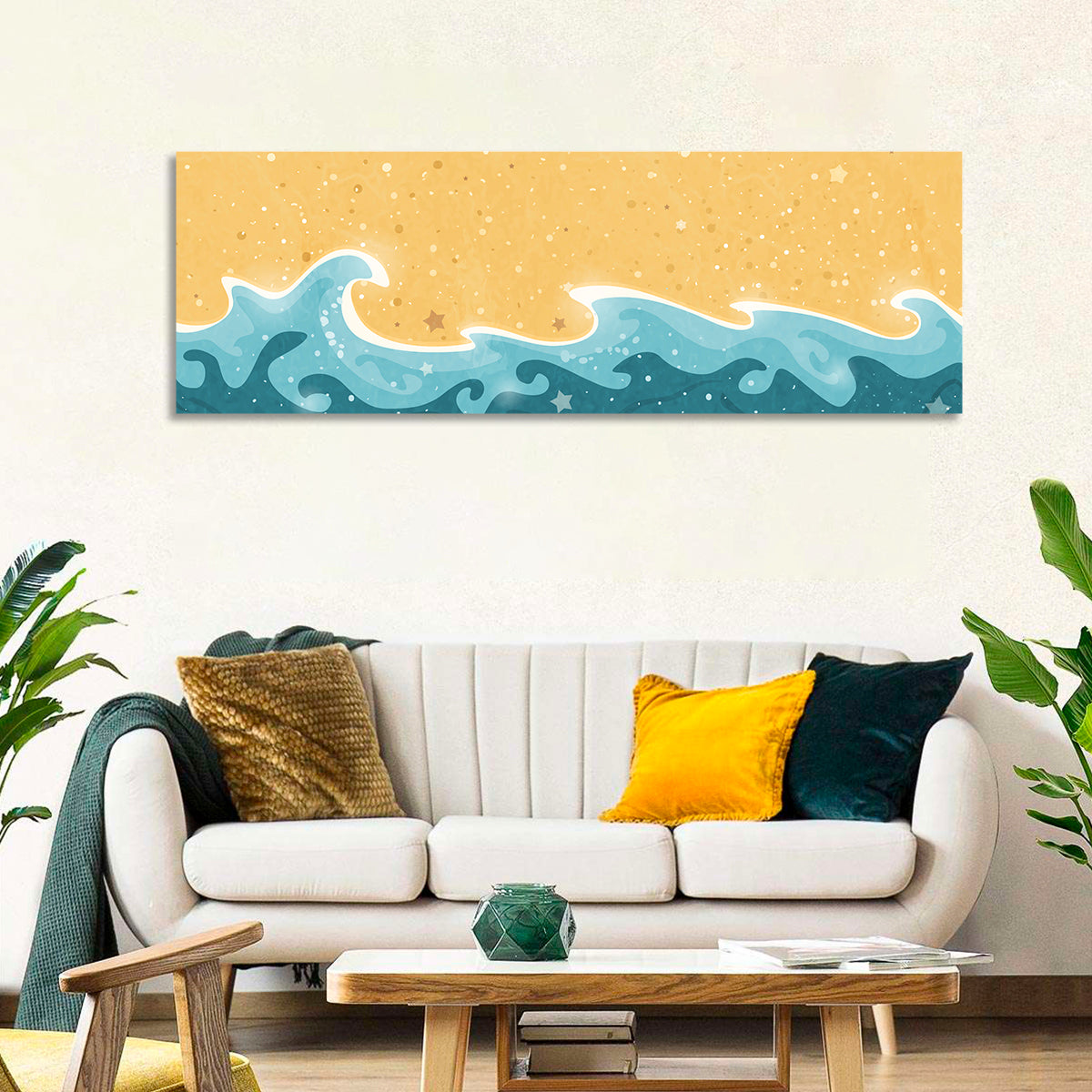 Whimsical Starry Waves Abstract Wall Art in a room, panoramic