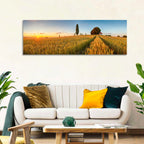 Sunset Wheat Field with Red Roof Cottage Wall Art