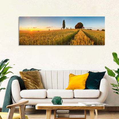 Sunset Wheat Field with Red Roof Cottage Wall Art