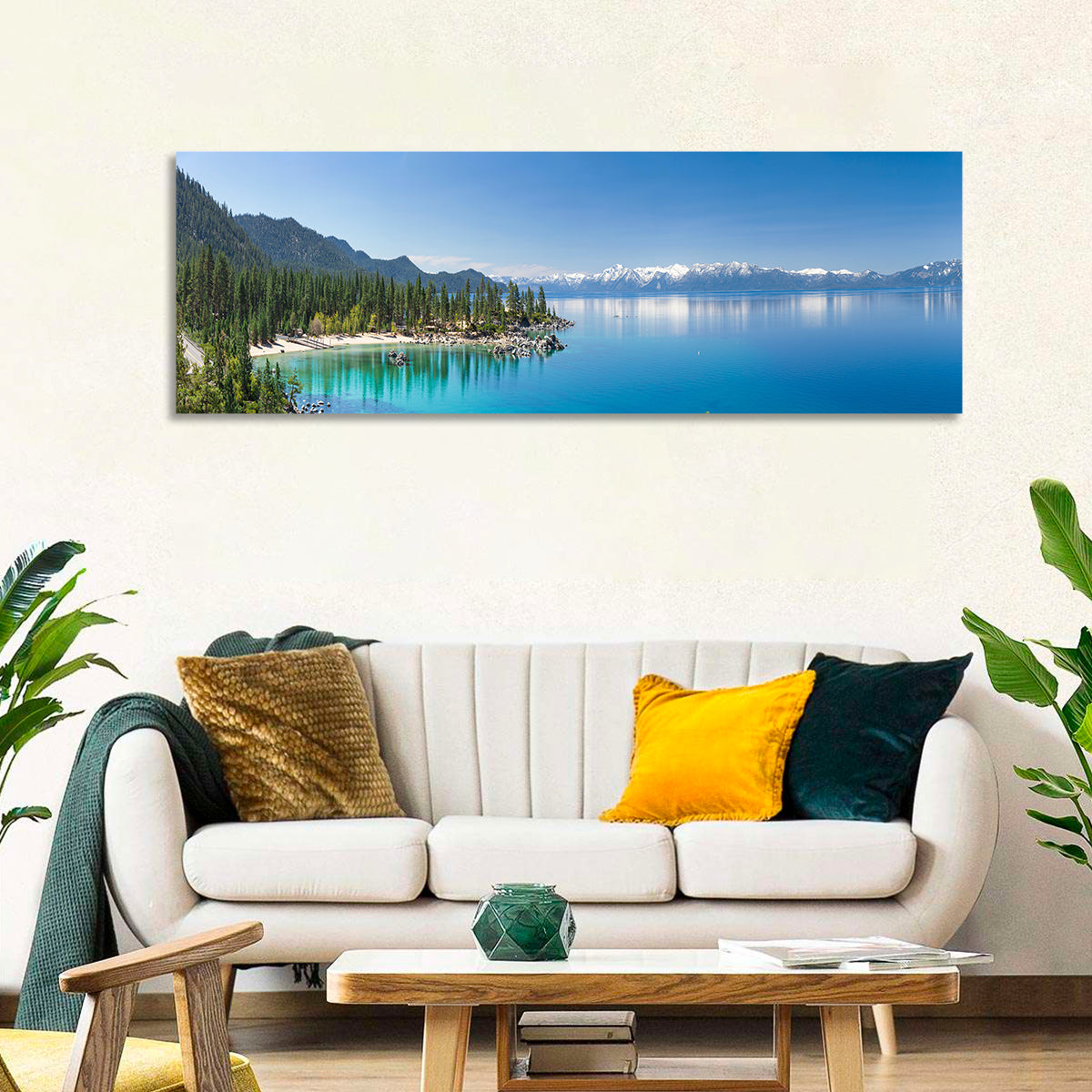 Lake Tahoe Turquoise Shoreline Wall Art in a room, panoramic