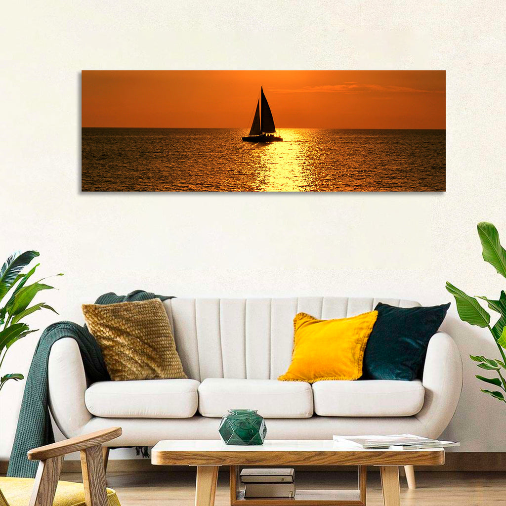 Sailboat Silhouette at Golden Sunset Wall Art