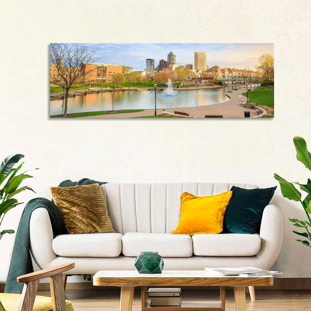Indianapolis Central Canal Skyline Wall Art in a room, panoramic