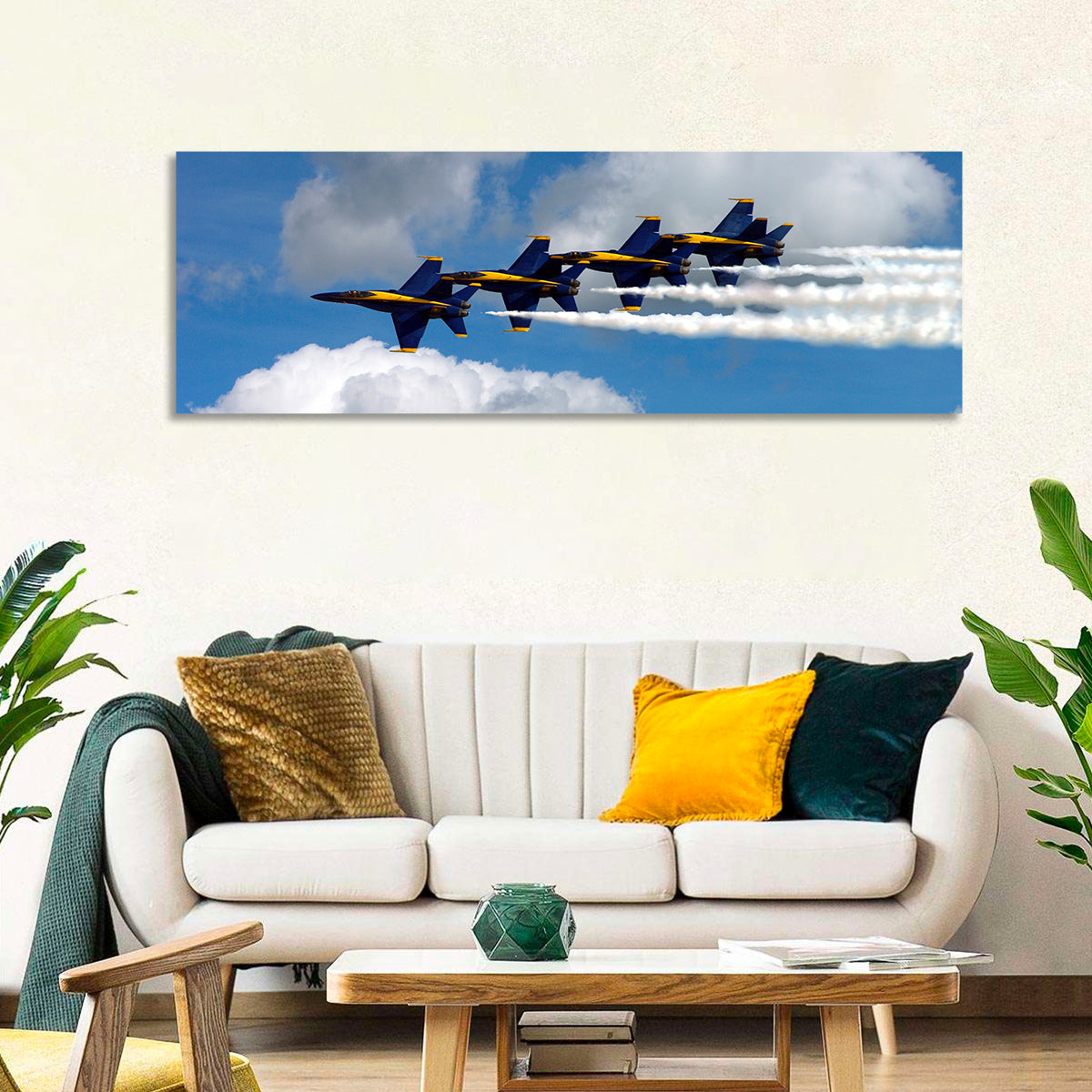 Blue and Gold Fighter Jets Wall Art in a room, panoramic