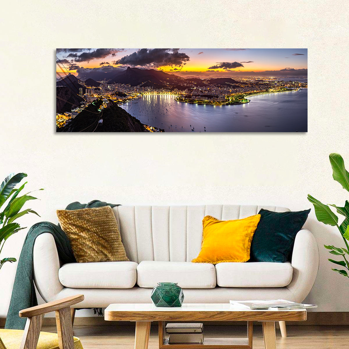 Rio De Janeiro Night Skyline Wall Art in a room, panoramic