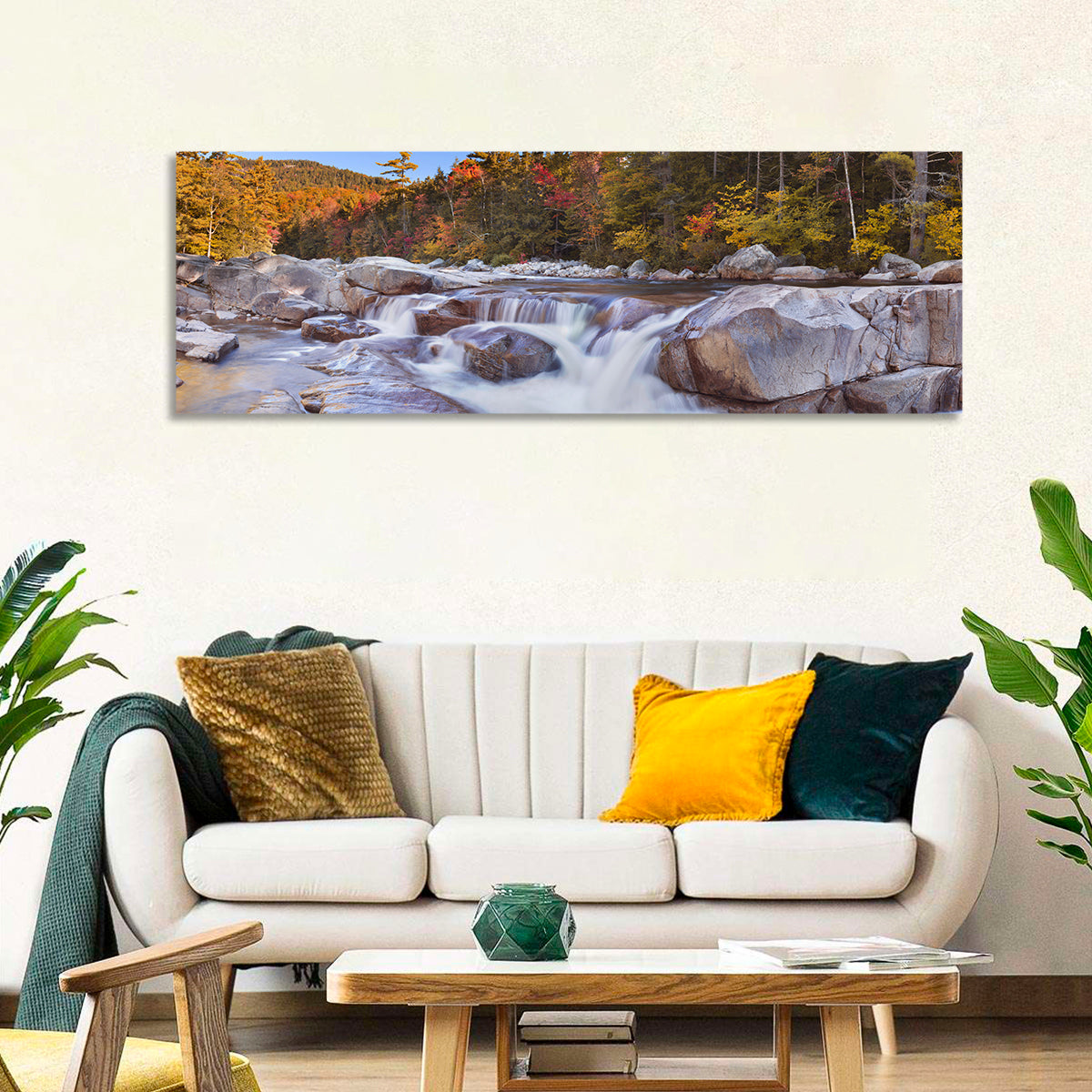 White Mountain Autumn River Wall Art in a room, panoramic