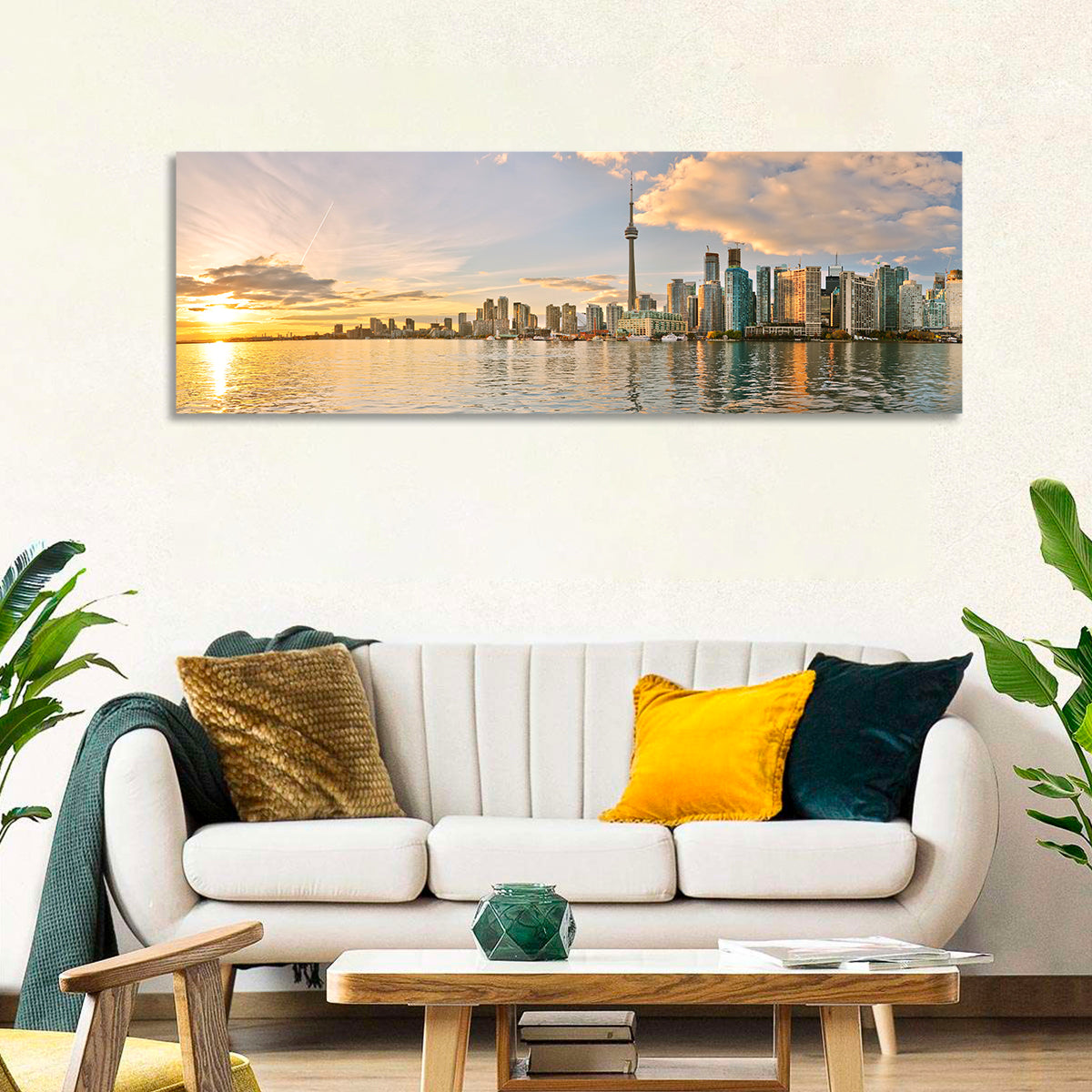 Toronto Golden Hour Skyline Wall Art in a room, panoramic