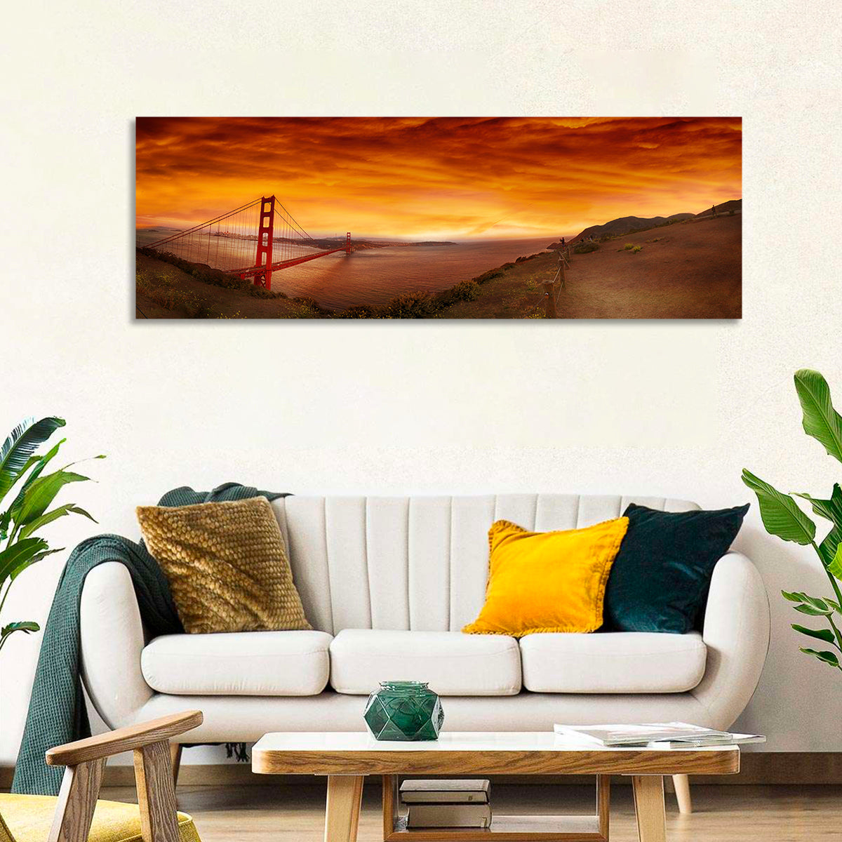 Golden Gate Bridge at Sunset Wall Art in a room, panoramic