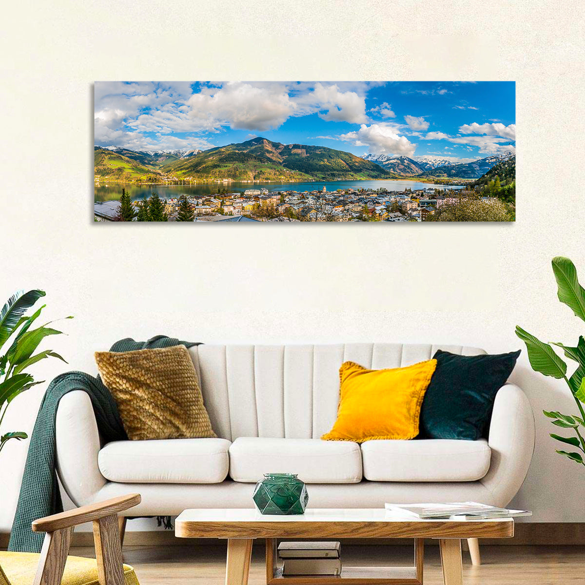 Zell Am See Shoreline Wall Art in a room, panoramic