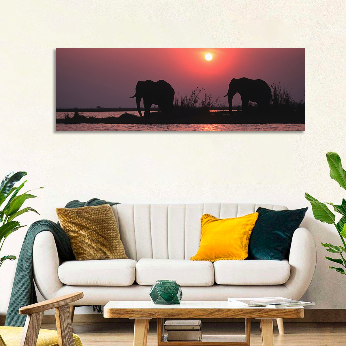 Elephants at Sunset Silhouette Wall Art