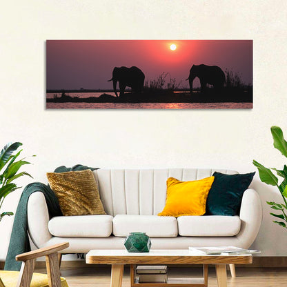 Elephants at Sunset Silhouette Wall Art