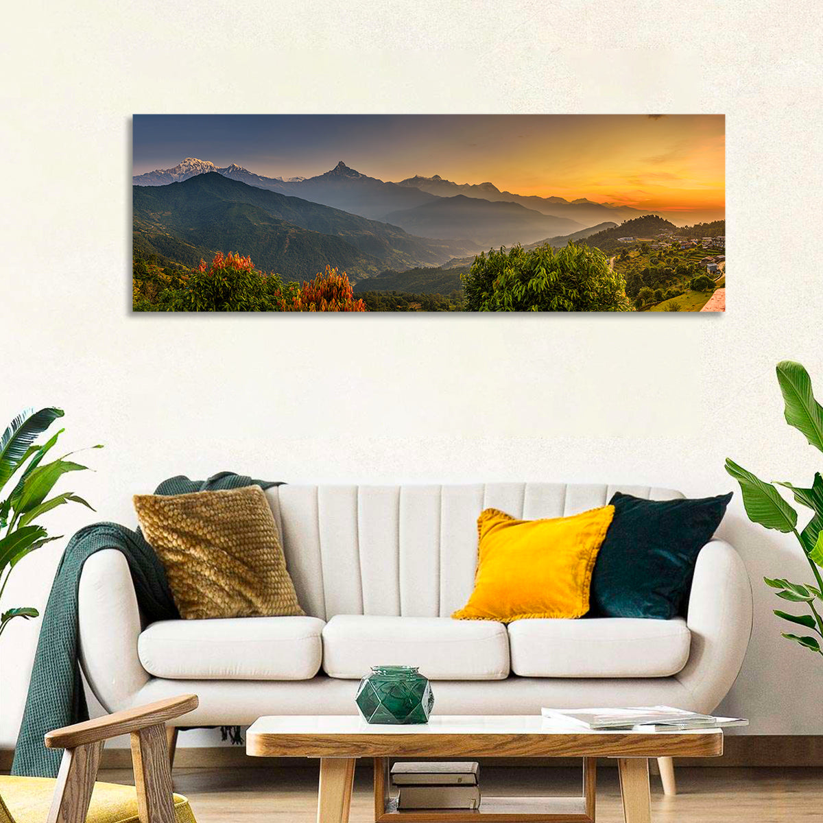 Annapurna Sunrise Over Pokhara Wall Art in a room, panoramic