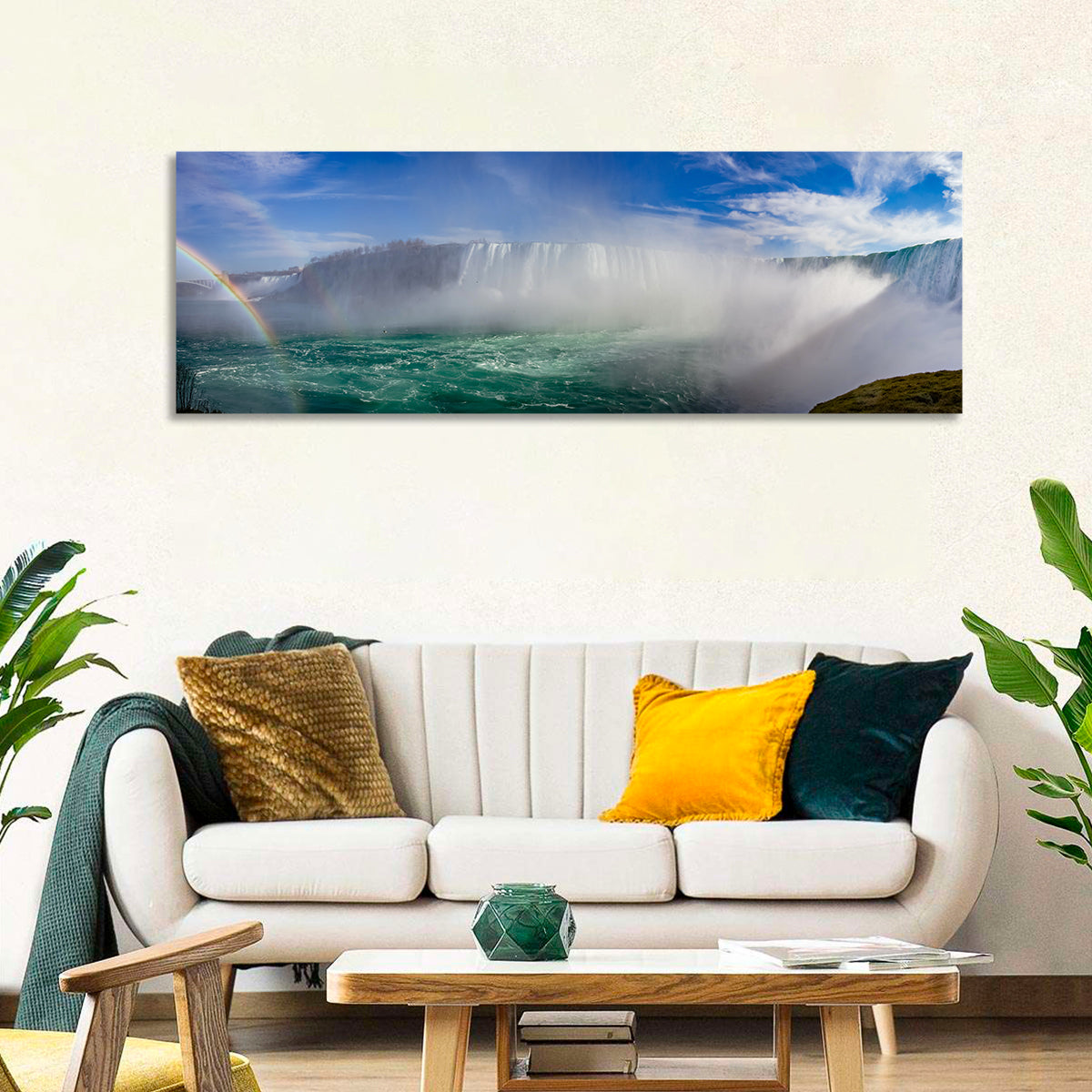 Horseshoe Falls Rainbow View Wall Art in a room, panoramic