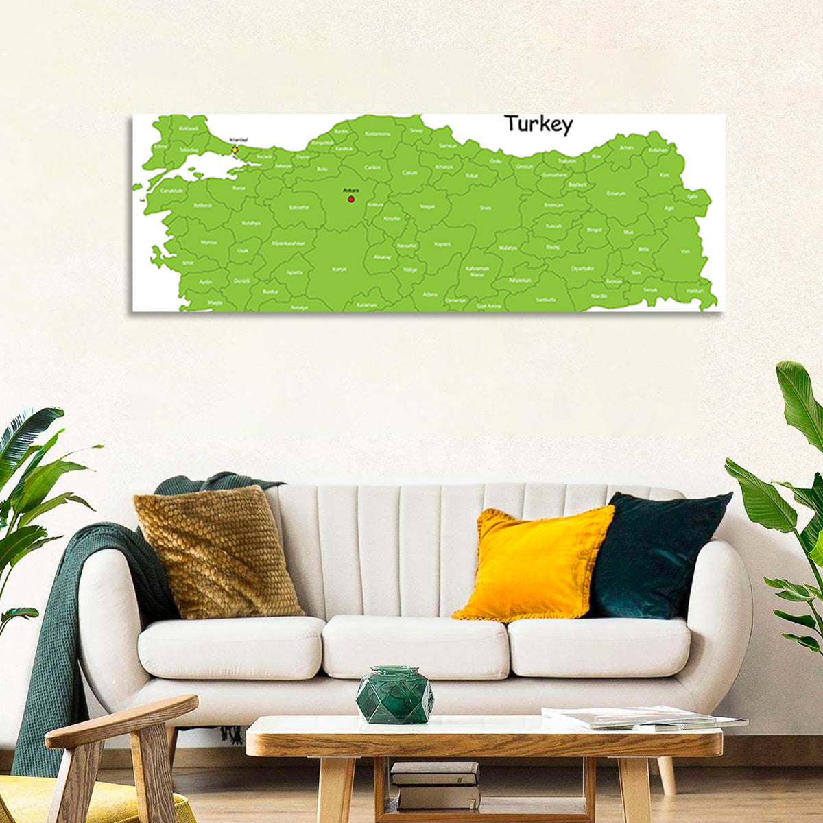 Turkey Map with Province Labels Wall Art in a room, panoramic