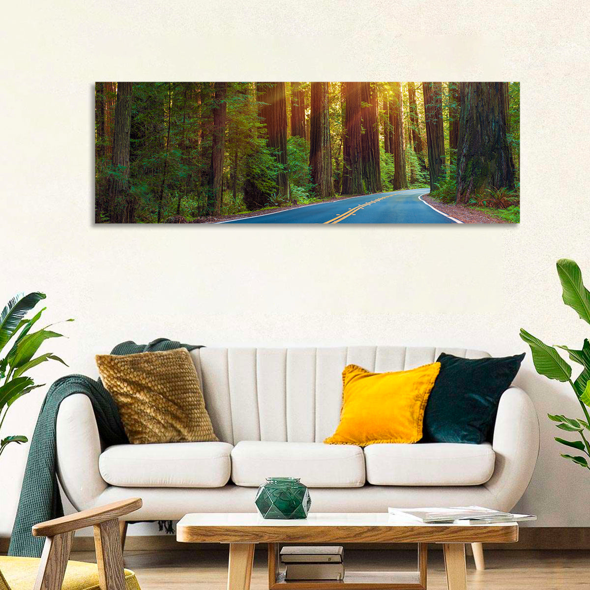 Sunlit Redwood Highway Wall Art in a room, panoramic
