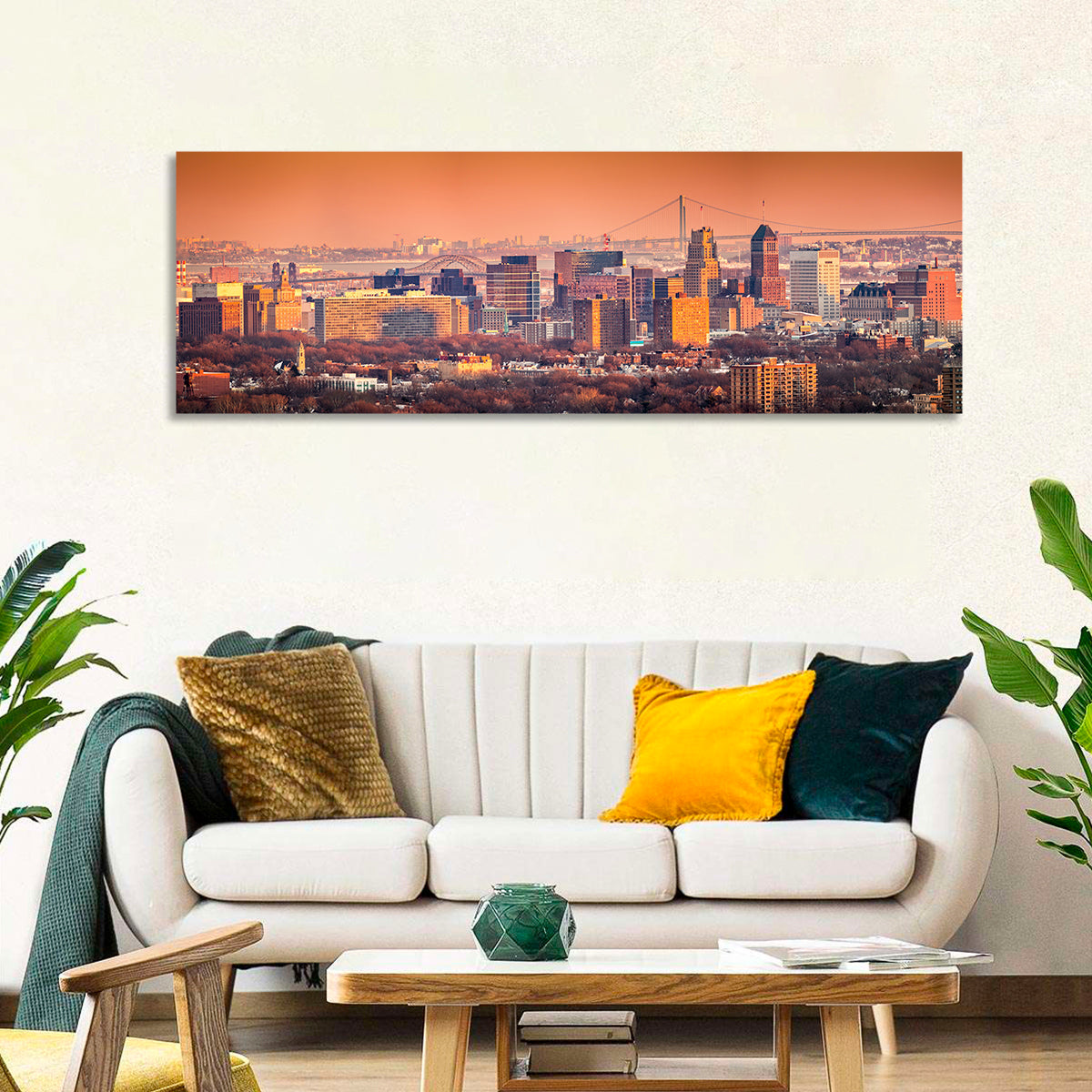 Newark Golden Hour Skyline Wall Art in a room, panoramic