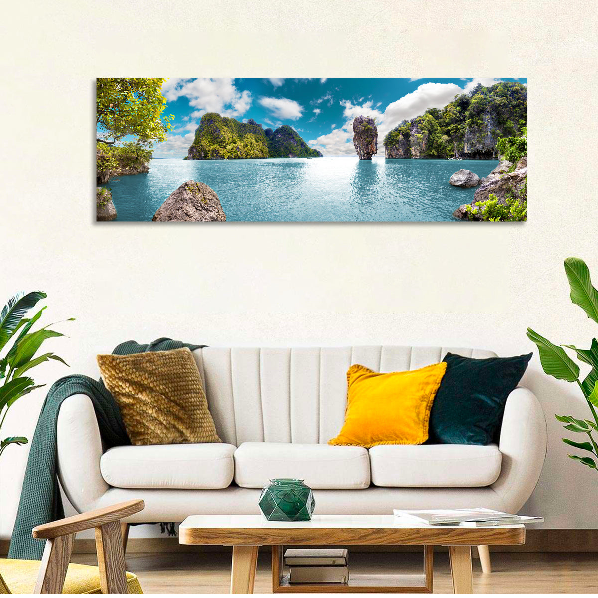 Khao Phing Kan Seascape Wall Art in a room, panoramic