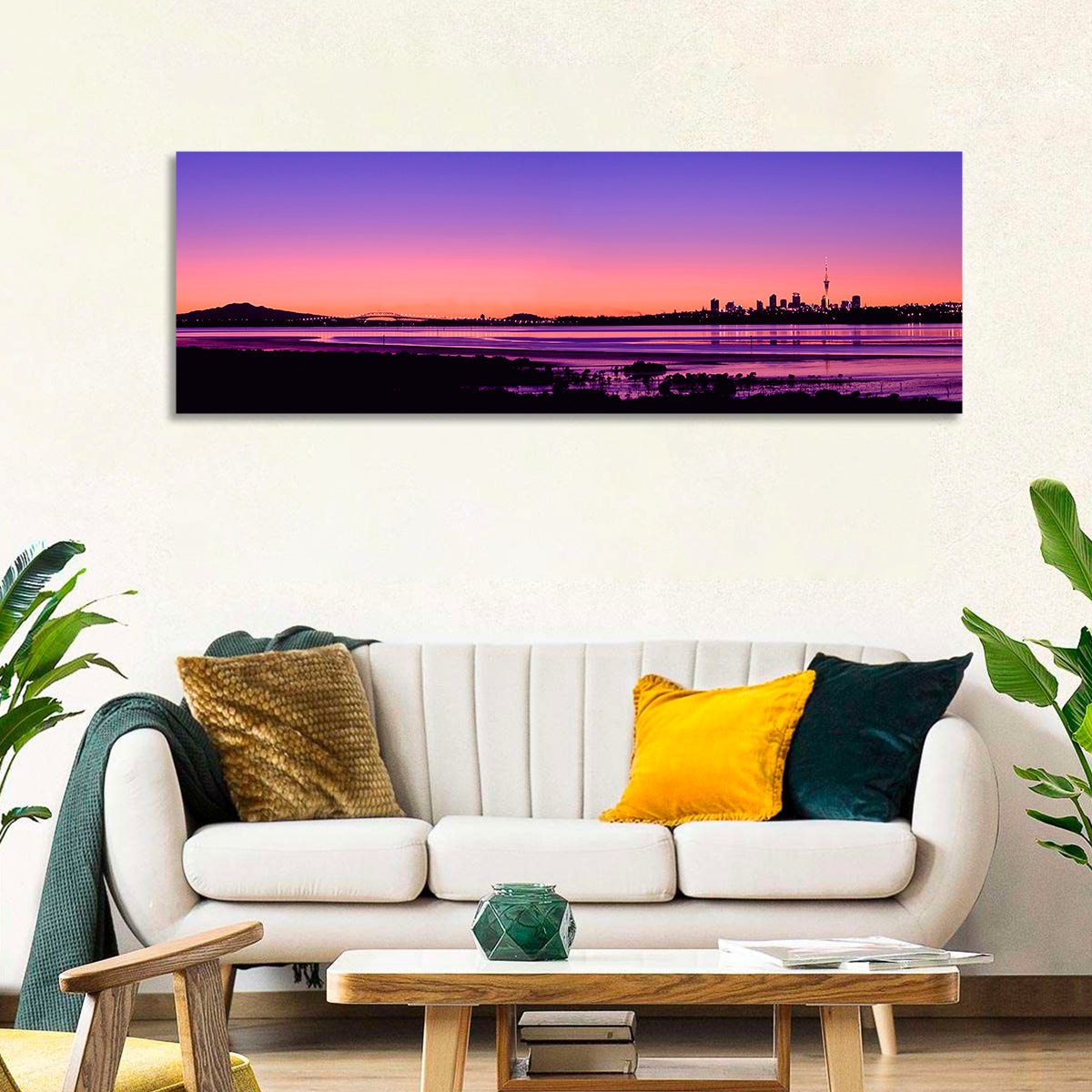 Auckland Skyline at Twilight Wall Art in a room, panoramic
