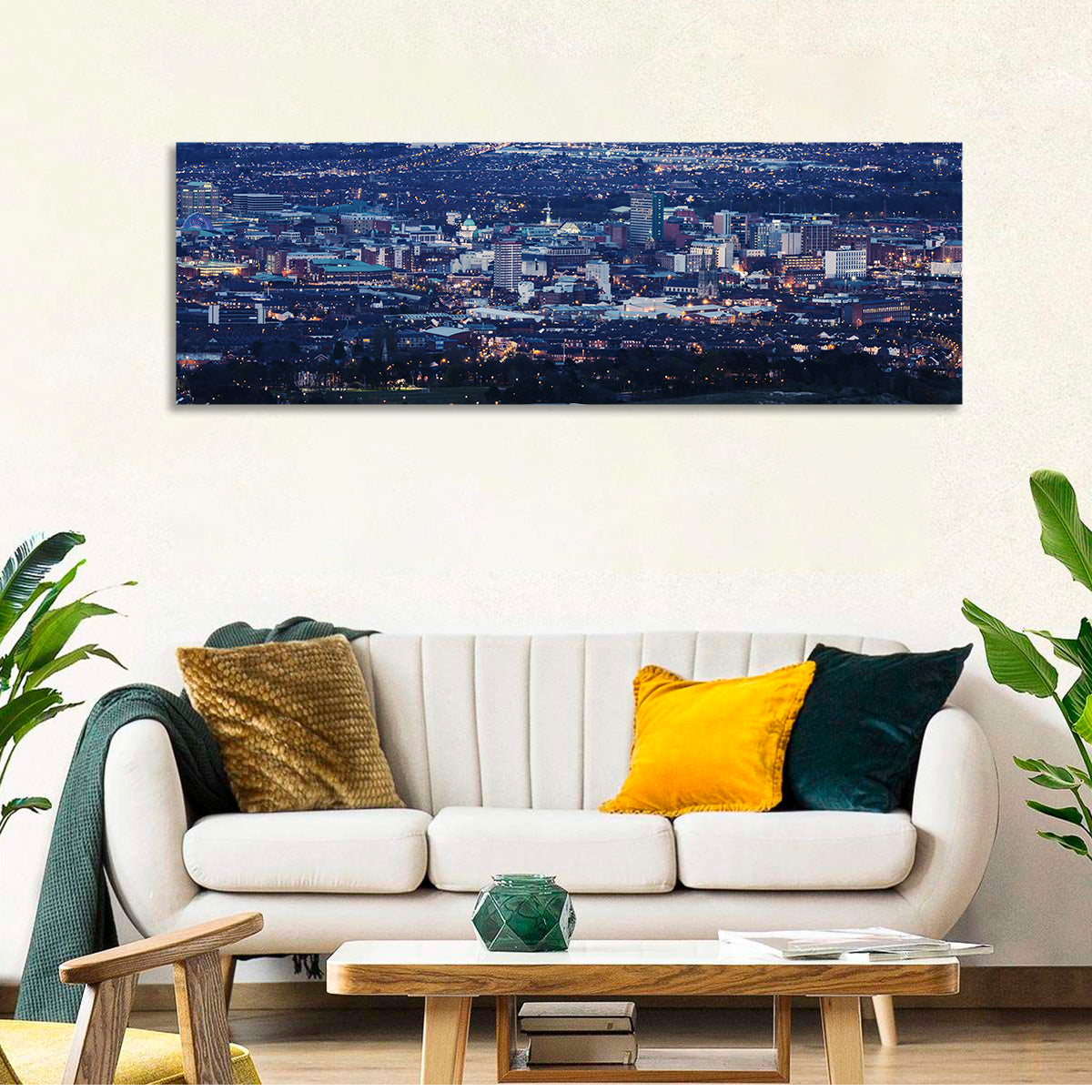 Belfast Blue Hour Skyline Wall Art in a room, panoramic